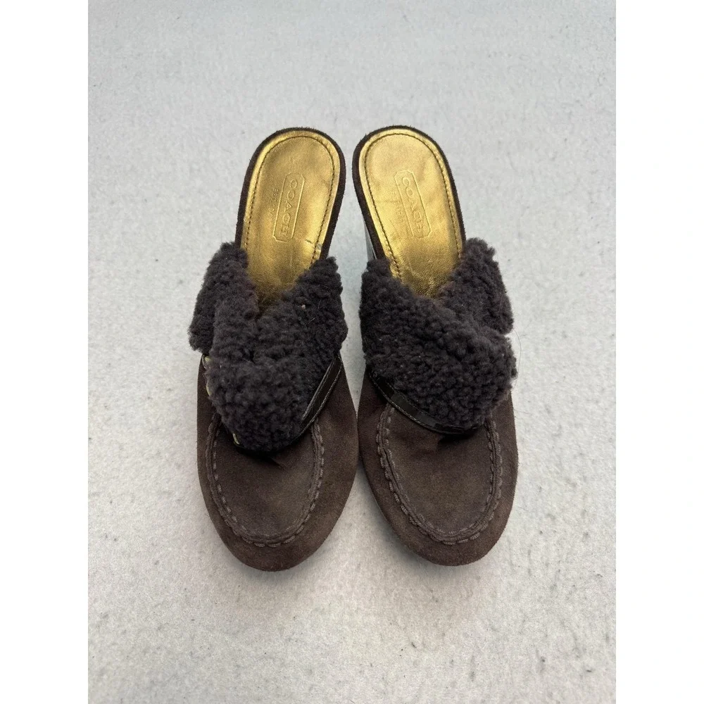 Coach Idyle Mule Clog Block Heel Women's Size 6.5 Brown Suede Faux Fur Lined